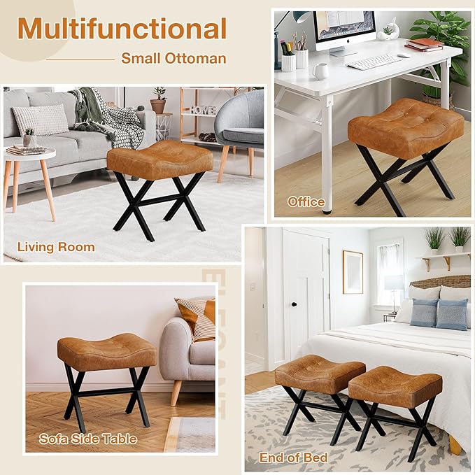 18-Inch Large Leather Vanity Stool, Vanity Chair with Metal X-Leg, Ottoman Accent Stool with Thick Padded Saddle Seat, Brown