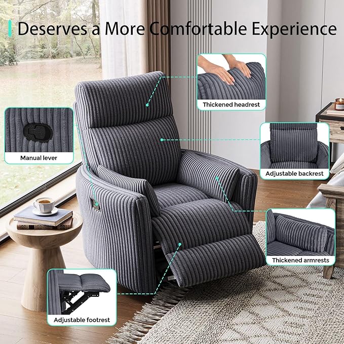 LINSY 360 Swivel Nursery Recliner - Corduroy Glider Rocking Chair with 2 Pillows, Comfy High Back Adult Recliner for Small Spaces, Nursery Bedroom Living Room Reclining Chairs, Grey