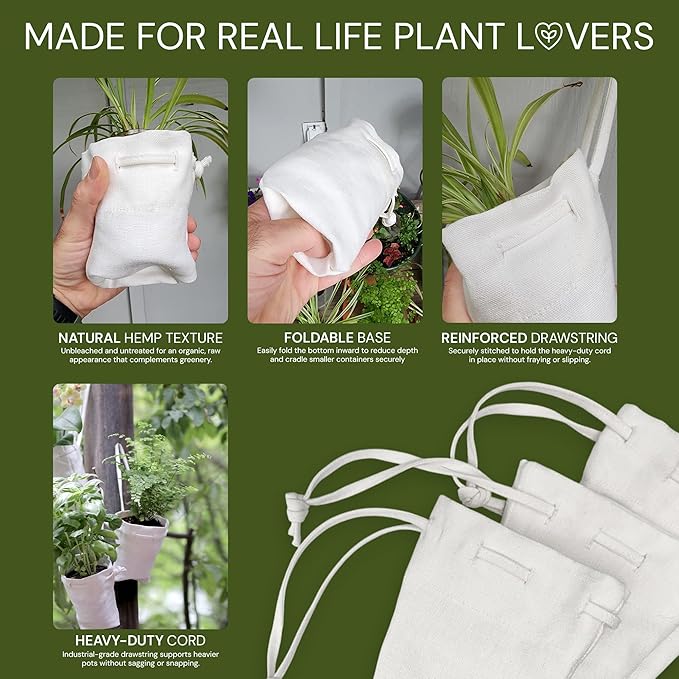 Organic Hemp Hanging Plant Bag – Reusable Natural Fiber Flower Pot Holder for Indoor & Outdoor Use – Fits 3.5 Inch Pots – Strong Drawstring – Ideal for Vertical Gardens, Orchids & Herbs 3-Pack