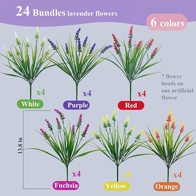 Realistic Artificial Flowers and Plants for Outdoors-24 Bundles Bulk Plastic Flowers, Colorful Faux Lavender Monkey Grass,UV Resistant Fake Plants for Outside,Porch,Window Box,Summer Decor(Mixed)