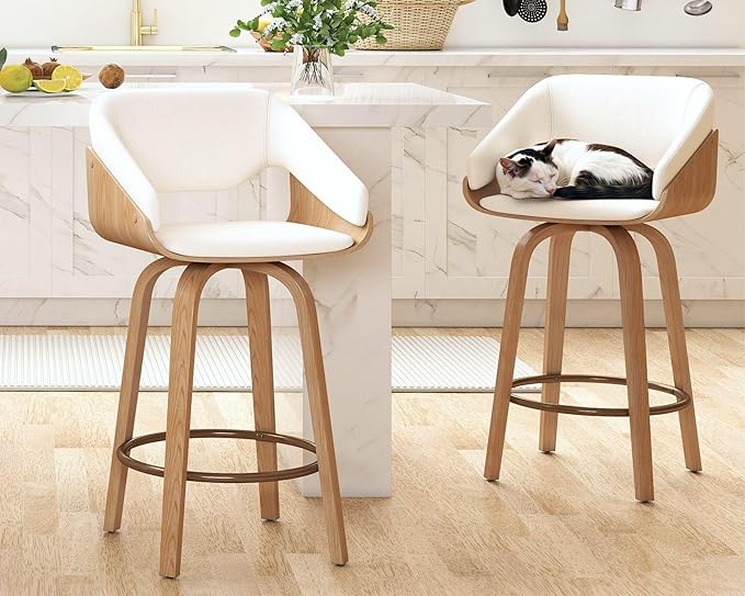 HNY 26 Inch Swivel Bar Stools with Back Set of 2, Beige Linen Upholstered Counter Height Barstools with Solid Bentwood Frame, Round Footrest, Modern Barrel Counter Stools for Kitchen Island, Home Bar