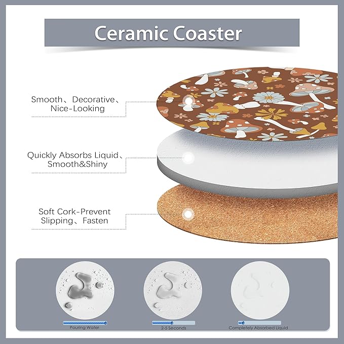 6 Pcs Coasters for Drinks with Holder,Retro Mushrooms Berries and Bugs Absorbent Coaster with Cork Backing,Great Gift for Housewarming,Room Decor,Bar,Holiday Party