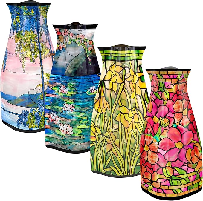 MODGY Expandable Flower Vase Set, Plastic Decorative Modern Foldable Printed Vases for Centerpieces for Wedding, Dining Table, Home Decor, Living Room, Bathroom, Office, Louis C. Tiffany, 4 Pack