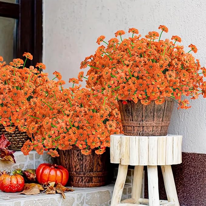 Krissing 48 Bundles Outdoor Artificial Flowers UV Resistant Fake Flowers Faux Plastic Flowers Plants Outside Garden Porch Window Box Fall Decor (Orange)