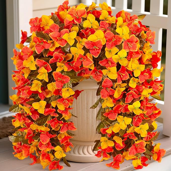 2 pcs Artificial Faux Bougainvillea Fall Flowers Plants for Outdoor Outside Decoration, Fake Silk UV Resistant Long Trailing Vines for Front Door Porch Planter Balcony Decor