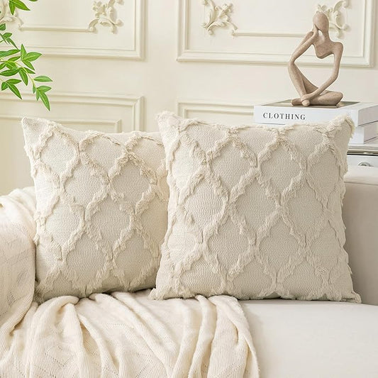 Set of 2 Soft Moroccan Throw Pillow Covers 20x20 Inch Plush Boho Decorative Pillow Cover Accent Cushion Case for Couch Sofa Bed, Beige