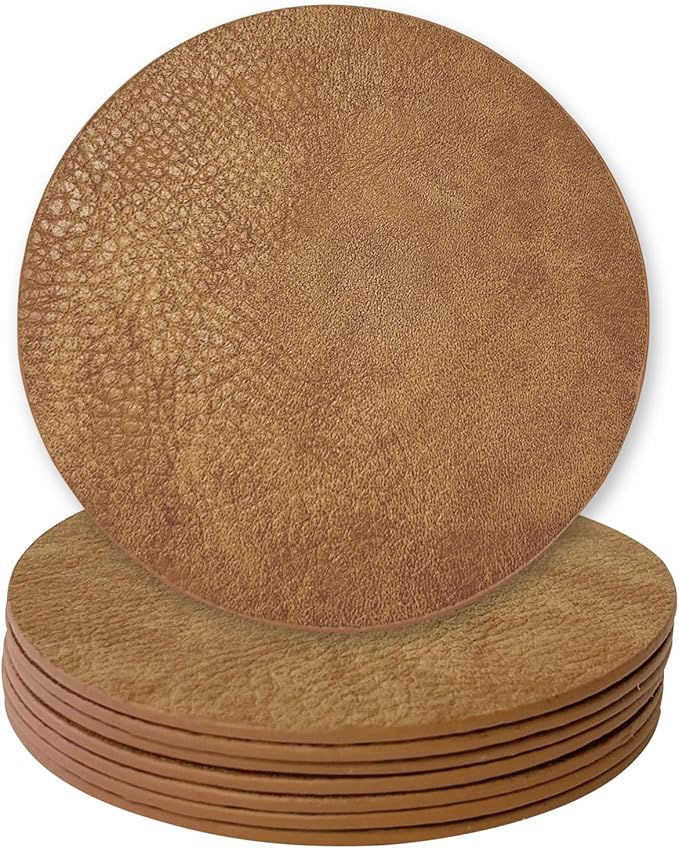 Set of 8 Morgan Faux Leather 4 Inch Round Coasters, Heat & Water Absorbent, Natural Style, Drinks Tabletop Home Dinning, Camel