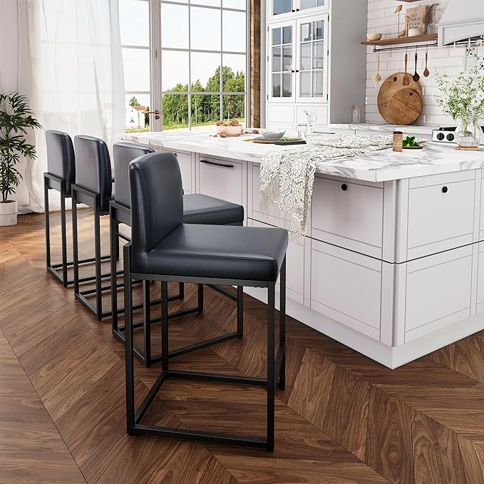 ALPHA HOME 24 Inch Bar Stools Set of 6, Kitchen Counter Stools with Backs, PU Leather Barstools, Kitchen Stools with Back&Upholstered Footrest, Sturdy Chromed Metal Steel Frame, Midnight Blue