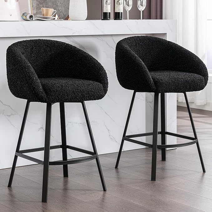 Zesthouse Swivel Counter Height Stools Set of 4, Modern Barrel Bar Stools for Kitchen Island, 26'' Black Sherpa Kitchen Counter Height Chairs with Barrel Arms & Back, Upholstered Fabric Bar Chairs