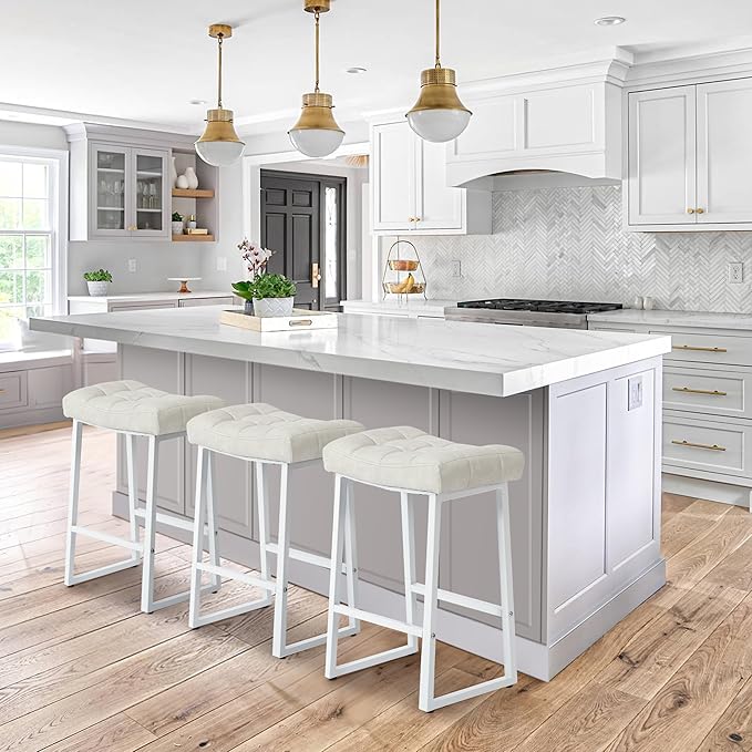 White & Beige Counter Height Bar Stools Set of 3 for Kitchen Counter Modern Backless Barstools with Upholstered Faux Leather Seat and Metal Frame Industrial 24 inch Bar Chairs