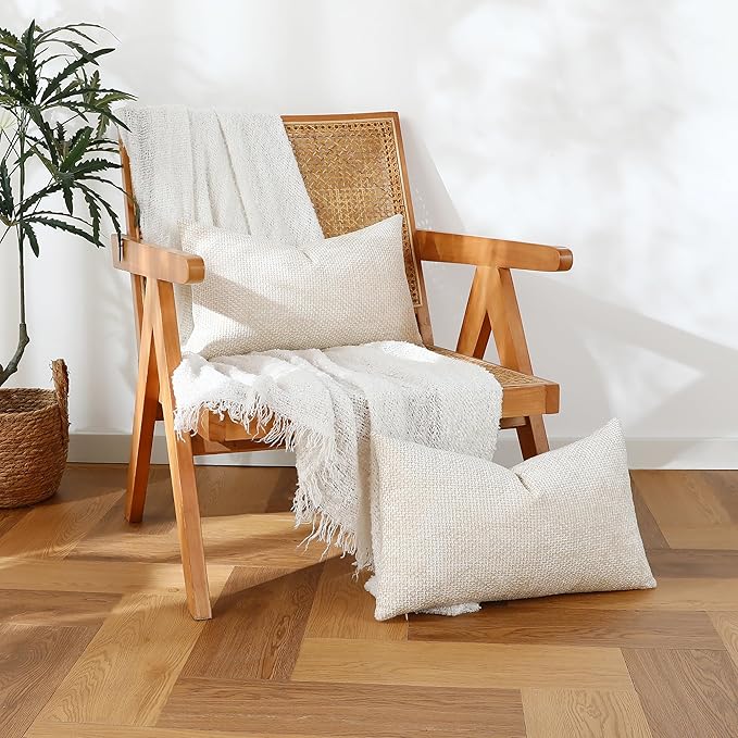 Stellhome Pack of 2 Woven Textured Decorative Throw Pillow Covers Soft Chenille Accent Luxury Cushion Cases for Living Room Couch Bed Sofa Farmhouse Boho Home, 12x20 inch, Cream