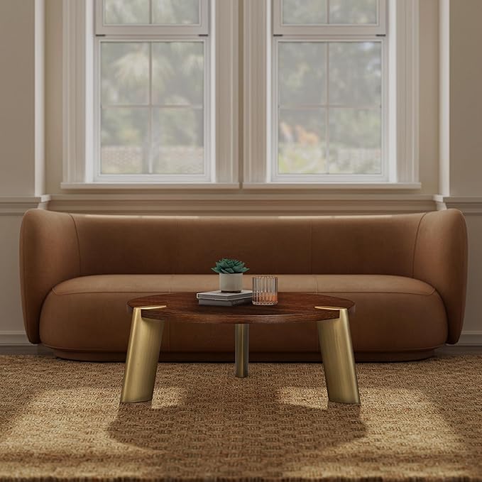 NTC 40 Inch Tribase Boho Wooden Round Coffee Table for Living & Dining Rooms – Waterproof & Heat Resistant, Dark Walnut