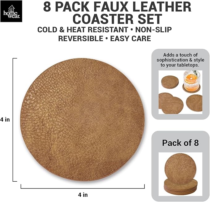 Set of 8 Morgan Faux Leather 4 Inch Round Coasters, Heat & Water Absorbent, Natural Style, Drinks Tabletop Home Dinning, Camel
