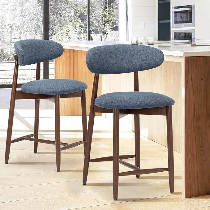COLAMY Mid Century Modern Blue Wooden Bar Stools Set of 2, Counter Height with Back, 25 Inch Padded Fabric Seat, 250 Lbs Weight Limit