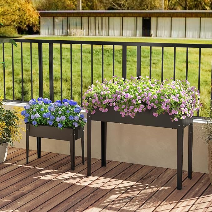 HAPPYGRILL Raised Garden Bed, Metal Elevated Planter Box w/Legs, Drainage Holes for Growing Vegetables Fruits Flowers, Indoor Outdoor Standing Plant Container for Backyard Patio (24”x11”x18”)