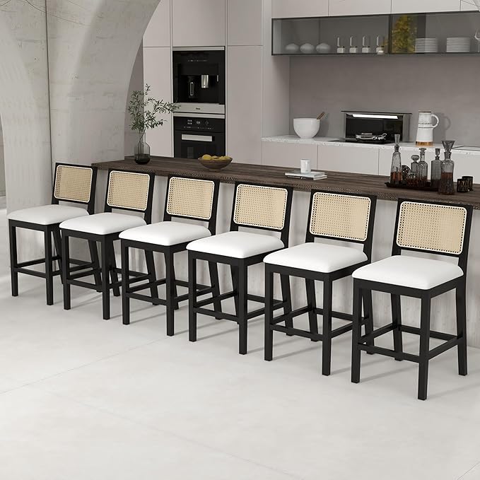 Westice Rattan Bar Stools Set of 6, 26" Farmhouse Counter Height Stools with Natural Rattan Back and Wood Frame, Upholstered Line Fabric Seat Cushion, Wooden Chairs for Kitchen Island/Pub, Black