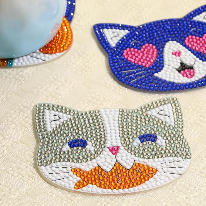 6PCS Cat Diamond Art Coasters Kits, Diamond Painting Coasters with Holder Set of 6, DIY Drink Coasters Art Crafts Supplies for Adults Cup Mat for Home Decor House Warming Gifts Non-Slip 3.9inch