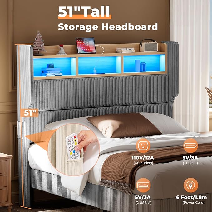 Queen Size Bed Frame with 51" Tall Corduroy Wingback Headboard and Storage Shelf, Upholstered Platform Bed with LED Lights & Charging Station, No Box Spring Needed, Easy Assembly, Grey