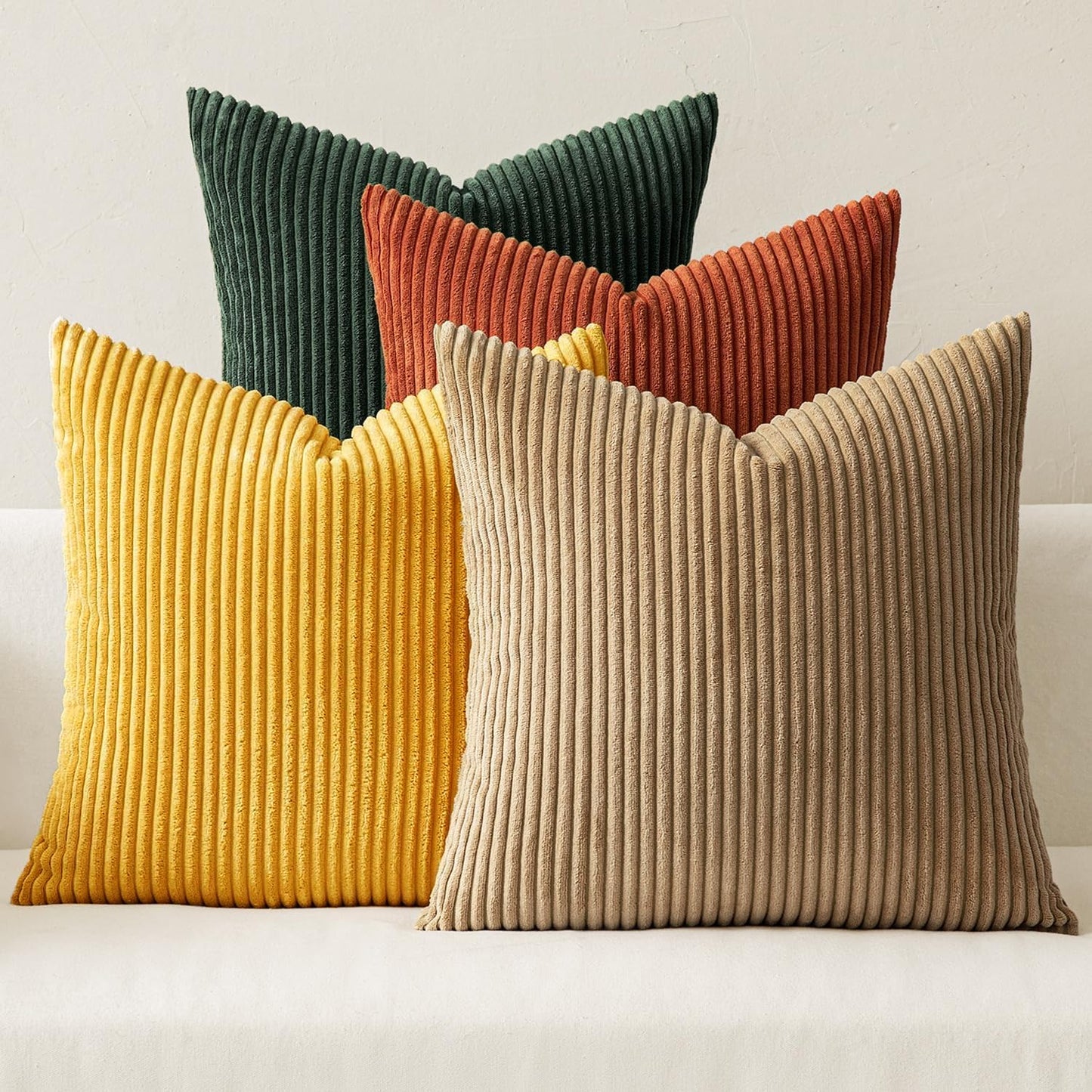 MIULEE Fall Pack of 4 Green-Rust Corduroy Decorative Throw Pillow Covers 18x18 Inch Soft Boho Striped Pillow Covers Modern Farmhouse Home Decor for Winter Sofa Living Room Couch Bed