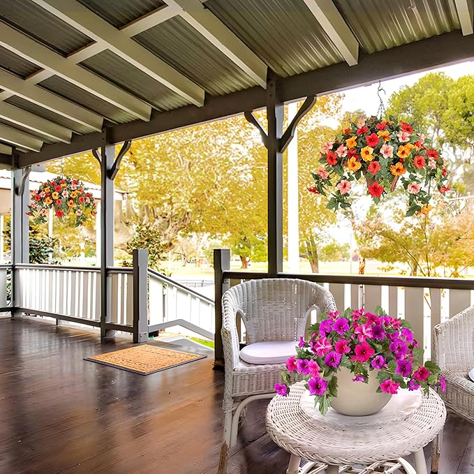 Artificial Fake Fall Flowers Plants for Outdoor Decoration, 2PCS Fall Silk Faux Flowers Petunias Planter, No Fade UV Resistant Flower for Garden Porch Yard Patio Window Box Autumn Indoor Decor(Orange)