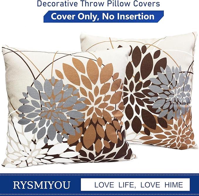 Coffee Brown Decorative Throw Pillow Covers 18x18 Inch Pillow Covers for Couch Living Room Bed Outdoor.Modern Sofa Throw Pillow Cover.Farmhouse Geometric Floral Linen Square Pillow Case.Set of 2