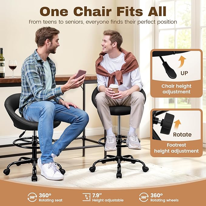 Office Drafting Chair - Bar Stools with Back Support, Adjustable Foot Rest and Wheels, Shop Rolling Swivel Chair for Standing Desk Counter Kitchen Salon Home Vanity, Black