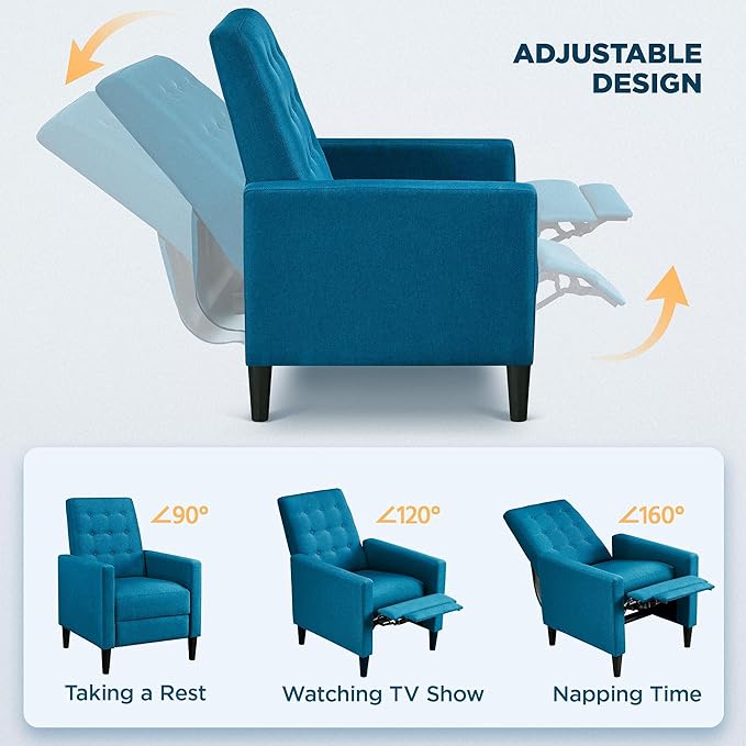 Yaheetech Fabric Recliner Chair Mid-Century Modern Recliner Adjustable Single Recliner Sofa with Thicker Seat Cushion Tufted Upholstered Sofa with Pocket Spring for Living Room Bedroom Blue