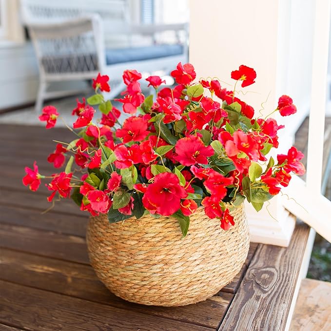 Fake Hibiscus Artificial Flowers for Outdoors Spring Summer Decoration, 6 Bundles Silk Red Hibiscus Flowers Bouquet UV Resistant Look Real Faux Plants for Outside Planter Front Door Porch Balcony Yard