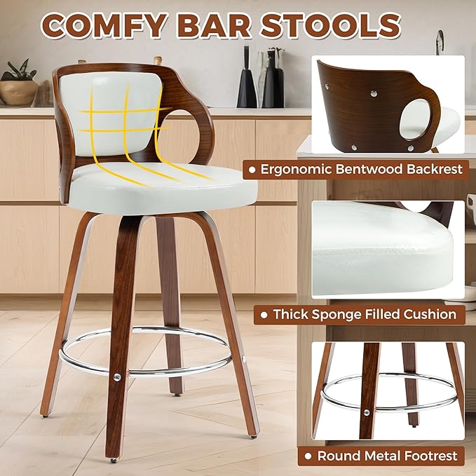 ECOTOUGE Swivel Bar Stools Set of 2, Walnut Faux Leather Counter Height Barstools with Bentwood Back and Footrest, for Dining Room, Kitchen Island and Pub, White