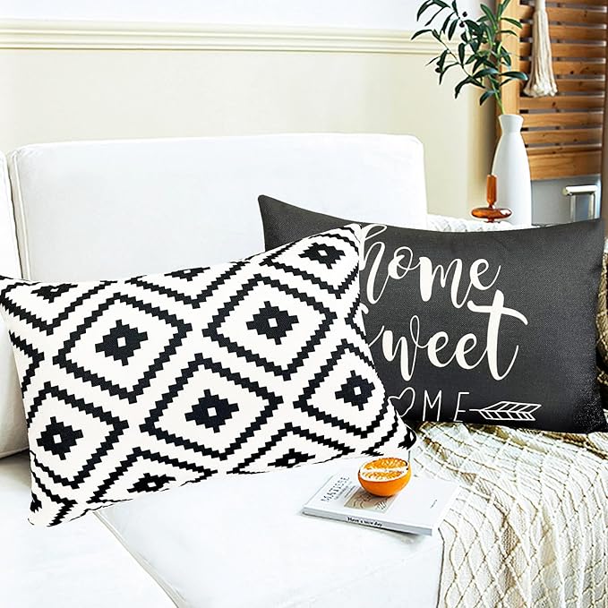 Decorative Throw Pillow Covers Set of 4 Black White Pillow Covers 12x20 inch Throw Pillow Cases Linen Square Pillow Case,Farmhouse Outdoor Geometric Pillow Covers for Couch Sofa Living Room