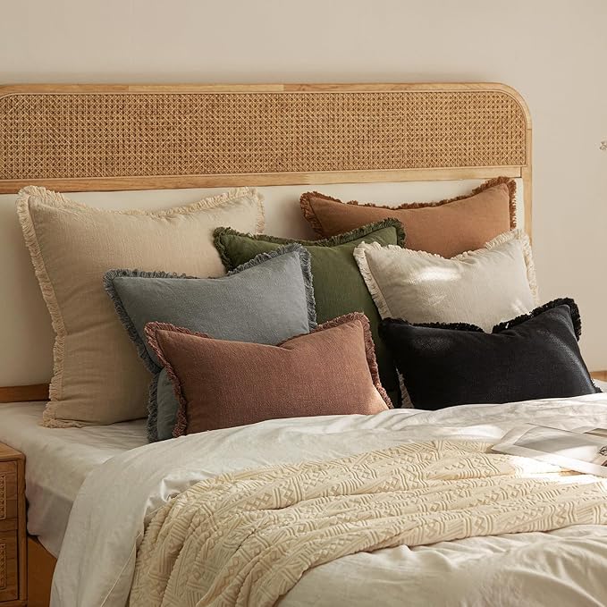 MIULEE Decorative Throw Pillow Covers Neutral Linen Fringe Throw Pillows Euro Shams Set of 2 Brick Boho Farmhouse Cushion Covers for Couch Sofa Bed Living Room Spring Home Decor 22x22 Inch