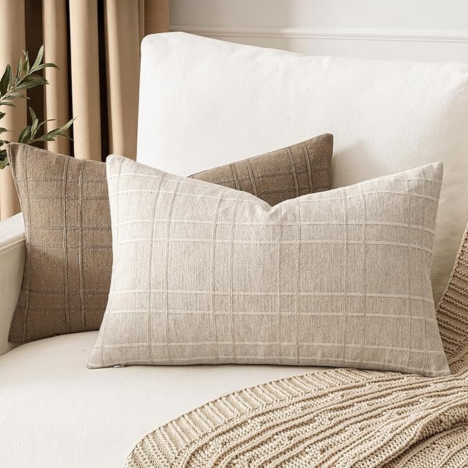 MIULEE Decorative Linen Check Lumar Throw Pillow Covers Neutral Farmhouse Vintage Christmas Pillow Covers 12x20 Set of 2 Boho Modern Home Decor for Sofa Couch Bedroom Cushion Natural Beige