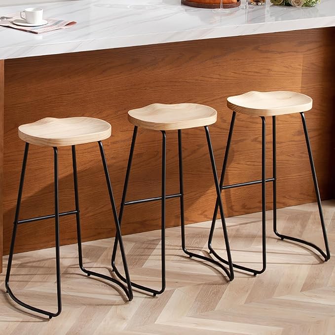 HeuGah 30 Inch Bar Stools Set of 3, Wooden Stool Counter Height Saddle Seat Bar Stools Backless Barstool for Kitchen Island Counter High Stools with Metal Leg (Burlywood, 3 PCS 30Inch Barstool)