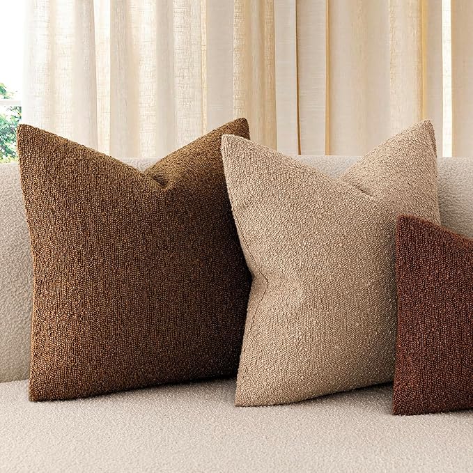 Foindtower Pack of 2 Modern Textured Boucle Throw Pillow Covers Accent Solid Decorative Pillow Cases Cozy Woven Couch Cushion Case for Chair Sofa Bedroom Living Room Home Decor 20x20 Inch Hazel Brown