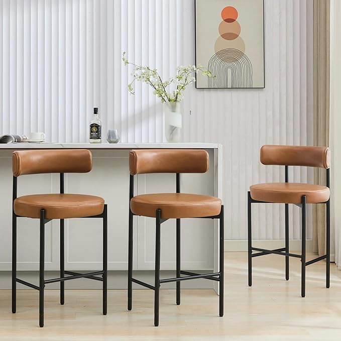 28'' Faux Leather Bar Stools Set of 3, Bar Height Stools for Kitchen Island, Brown Barstools with Backs, Upholstered Counter Chairs (Vegan Leather, Brown)