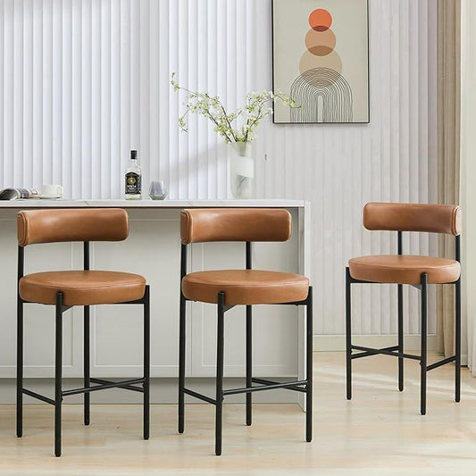 28'' Faux Leather Bar Stools Set of 3, Bar Height Stools for Kitchen Island, Brown Barstools with Backs, Upholstered Counter Chairs (Vegan Leather, Brown)