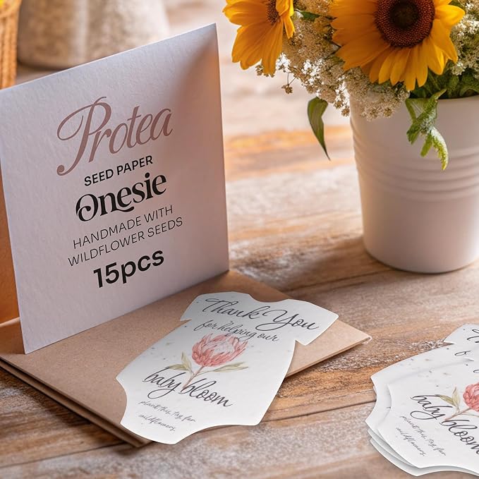 Plantable Onesie Seed Paper – 15 Protea Baby Shower Favors for Guests with Wildflower Seeds, Baby Shower Gifts for Guest