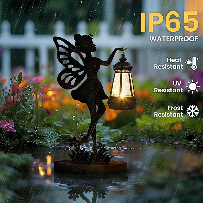 Solar Garden Statues Outdoor Decor, Fairy Garden Accessories, Housewarming Ornament Gift for Women Mom Grandma, Metal Decorative Figurine Light for Patio, Lawn, Yard, Pathway
