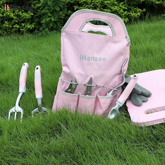 Pink Garden Tool Sets 12 Pieces, iHansee Aluminum Gardening Hand Tools with Non-Slip Handle, Kneeling Pad, Apron, Gloves and Organizer Bag, Landscaping Tools - Gift for Women & Garden Enthusiasts