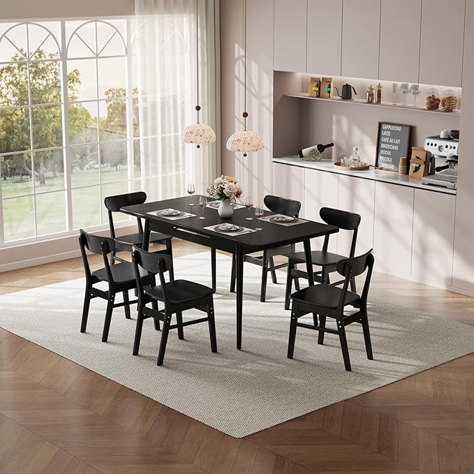 Solid Wood Extendable Dining Table for 4-8 People with Seamless Extension from 47.2 to 63 Inches, Easy Assembly, Expandable Tables for Small Spaces, Dining Room, Kitchen, Living Room, Black