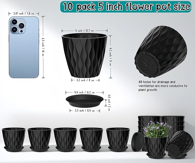 10 Pack 5 Inch Plant Pots with Drainage and Saucers, Black Plastic Flower Pots for Indoor and Outdoor Plants, Stackable Nursery Planters for Houseplants and Herbs, Black