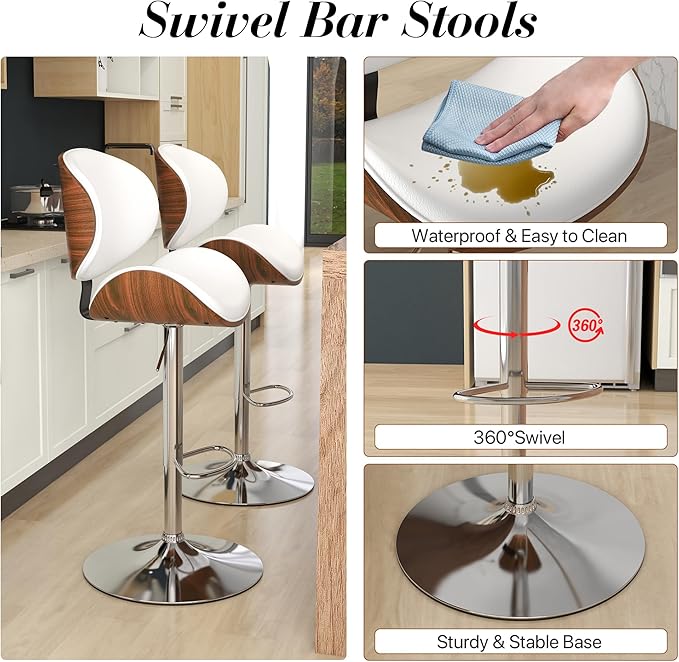 KCC Bar Stools Set of 6, Swivel Adjustable Height Barstools, PU Leather Upholstered Bar Chairs with Footrest, Bentwood Bar Stool for Kitchen, Bar, Dining Room(White PU)