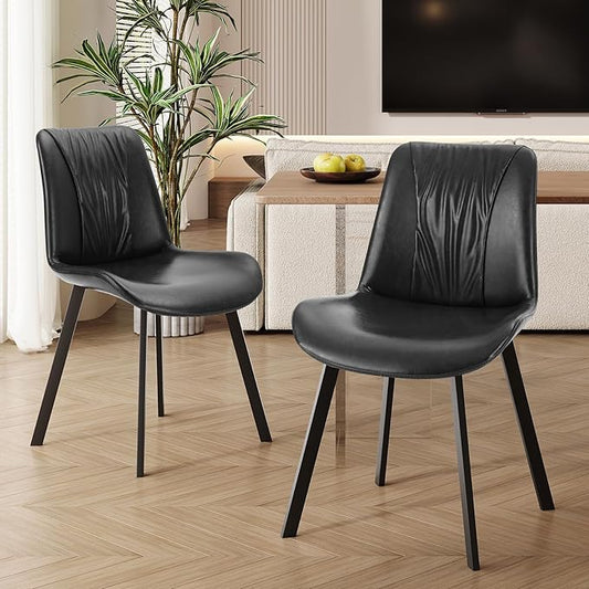 Upholstered Dining Chairs Set of 2, Modern Kitchen & Dining Room Chairs, Faux Leather, Sturdy Metal Legs, for Living Room, Cafe & Restaurant- Black
