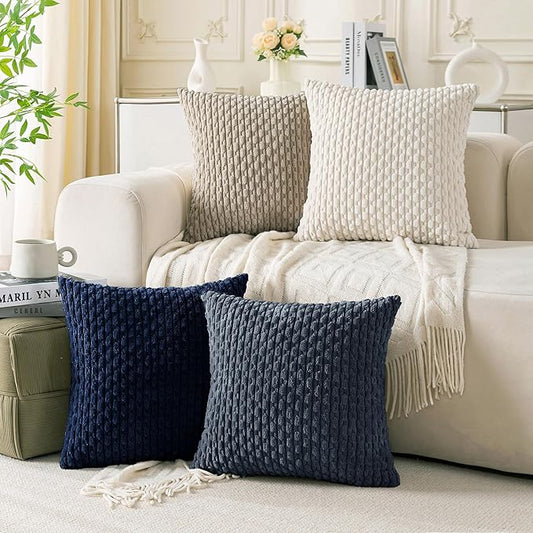 Set of 4 Navy White Taupe Decorative Throw Pillow Covers 20x20 Inch Corduroy Pillow Covers for Bed Couch Sofa Living Room Soft Square Cushion Cases