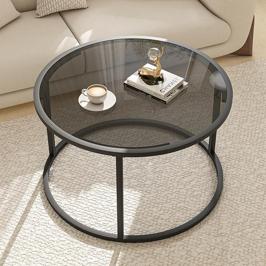 Glass Coffee Table Modern Center Table,Minimalist Round Coffee Tea Table,Simple Tea Cocktail Modern Center Tables, Living Room Tables,Easy Assembly, 27 x 27 x 17 Inch,Black