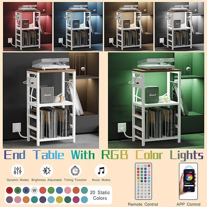 End Table with LED Light,Record Player Stand with Charging Station,Vinyl Records Storage,Turntable Stand Albums Storage for Music Room Studio-Industry White