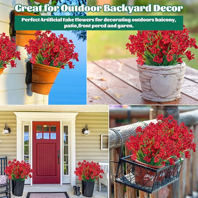 Lnoicy 12 Pcs Artificial Flowers for Outdoor,Plastic Flowers Decoration, UV Resistant Faux Flowers Shrubs, Artificial Plants for Indoor Outside Garden Home Wedding Farmhouse（Red）