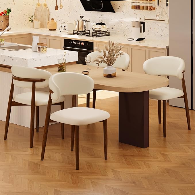 Kitchen Dining Chairs Set of 6 Modern Upholstered Leather Farmhouse Dining Room Chair with Metal Legs, Walnut/Beige