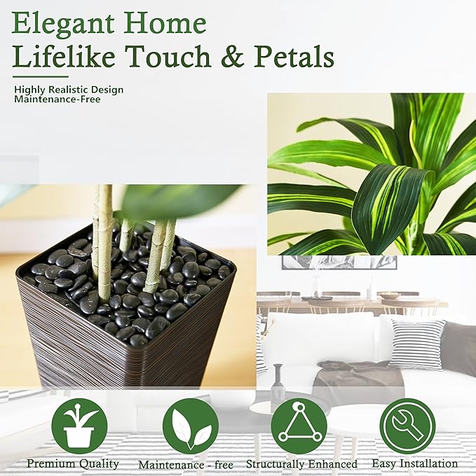 Artificial Dracaena Tree：5FT Faux Silk Tropical Yucca Floor Trees Realistic Fake Green Plant with Natural Wood Trunk & Lifelike Leaves for Home Office Decor Indoor & Outdoor (5FT,1-Pack,Black)