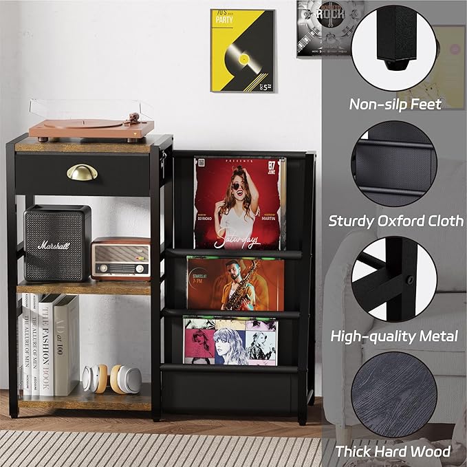 End Table with Vinyl Record Storage,Record Player Stand,3 Tier Turntable Stand with Records Holder,Stand Table for Media Stereo Speaker,Amplifiers,Magazines-Vintage